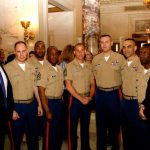 Friends of the Vietnam Veterans Plaza Chair Harry Bridgwood and Secretary Vince McGowan welcome Marine Corps guest to the 2009 luncheon.